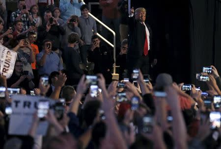 U.S. Republican Presidential candidate Donald Trump arrives to speak at a campaign event in Indianapolis, Indiana, United States, April 27, 2016. REUTERS/Jim Young