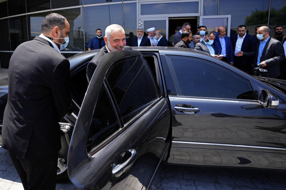 FILE, Ismail Haniyeh, the leader of the Palestinian militant group Hamas leaves Rafik Hariri International Airport, in Beirut, Lebanon, Sunday, June 27, 2021. As a rising number of Gazans are drowning in the sea en route to a better life in Europe, Gaza's Hamas rulers are moving to comfortable life in upscale Middle East hotels, prompted a rare outpouring of anger at home, where the economy collapses and 2.3 million people remain effectively trapped in the tiny, conflict-scarred territory. (AP Photo/Hassan Ammar, File)