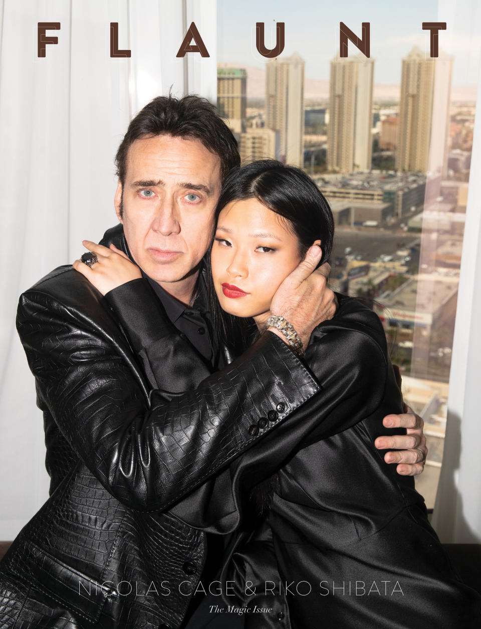 Nicolas Cage poses with wife Riko Shibata for the cover of Flaunt magazine. (Noah Dillon / Flaunt Magazine)