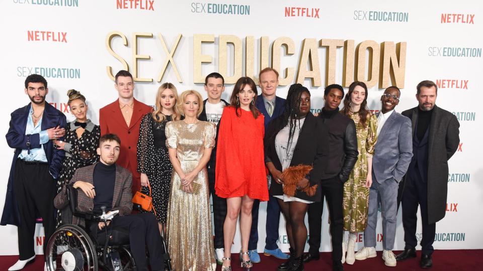 Sami Outalbali, Patricia Allison, George Robinson, Connor Swindells, Aimee Lou Wood, Gillian Anderson, Asa Butterfield, Emma Mackey, Alistair Petrie, Chinenye Ezeudu, Kedar Williams-Stirling, Tanya Reynolds, Ncuti Gatwa and James Purefoy attend the World Premiere of Netflix's "Sex Education" Season 2