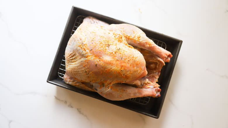 Brined turkey on wire rack