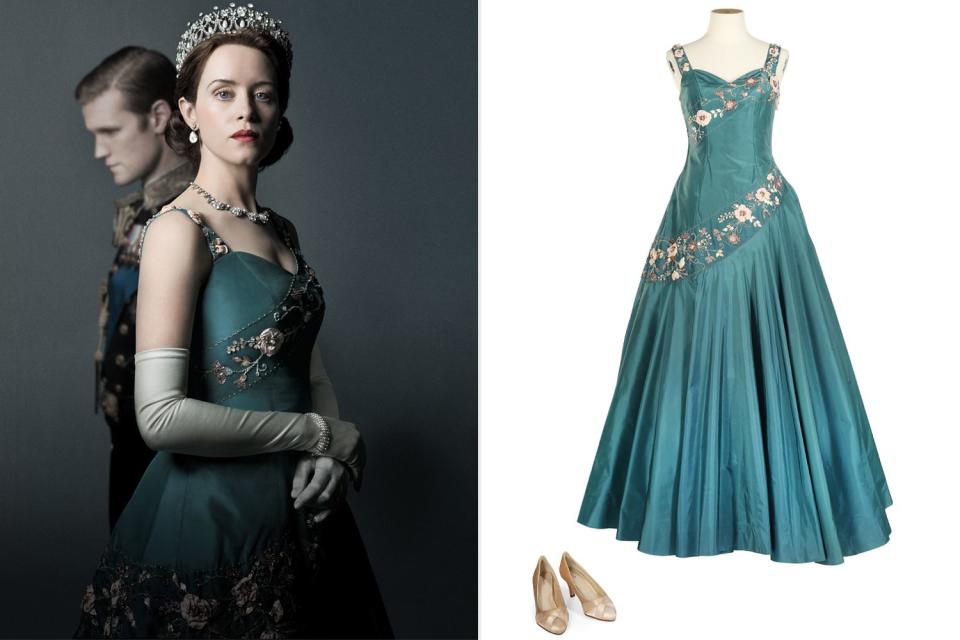 <p>Netflix; Courtesy of Bonhams</p> Clare Foy as Queen Elizabeth wearing a bespoke teal dress available to buy at The Crown Auction at Bonhams on February 7, 2024