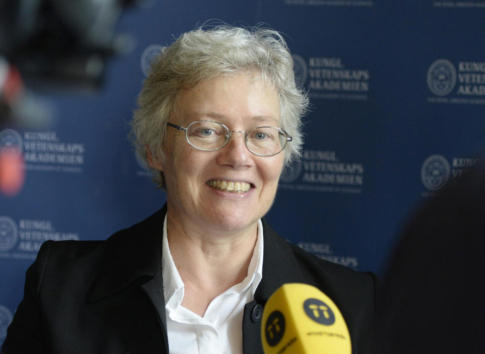 FILE - Physicist Anne L'Huillier speaks in this Oct. 8, 2014 photo. The Nobel Prize in physics has been awarded on Tuesday, Oct. 3, 2023 to Pierre Agostini, Ferenc Krausz and Anne L’Huillier for looking at electrons in atoms by the tiniest of split seconds. (Bertil Ericson/TT News Agency via AP, File)