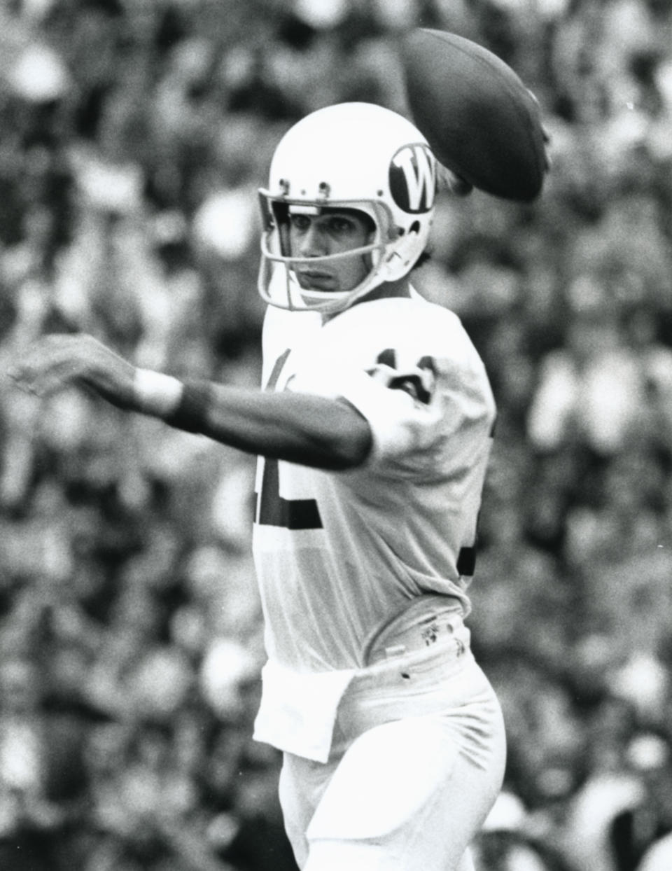 Sep 1971; Unknown location, USA; FILE PHOTO; Wisconsin Badgers quarterback Neil Graff throws during the 1971 season. Mandatory Credit: Malcolm Emmons-USA TODAY Sports