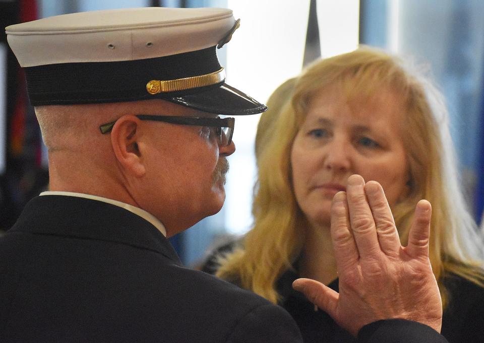 Chief Roger St. Martin and wife Elizabeth at the Fall River Fire Department promotional ceremony at Government Center.