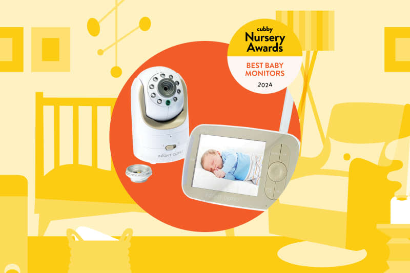 Infant Optics DXR-8 480p Video Baby Monitor on a colorful background for cubby nursery awards best baby monitors