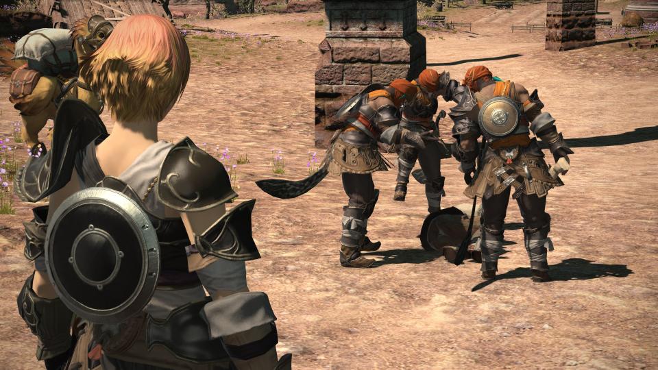 An image of a cutscene from Stormblood, wherein a trader is being kicked by a second generation unit of soldiers from an occupying imperialist force.