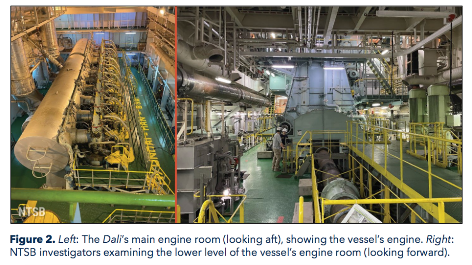 A photo of the Dali's main engine room appears in the National Transportation Safety Board's preliminary investigation report into the March 26 collision of the ship with the Francis Scott Key Bridge in Baltimore.
