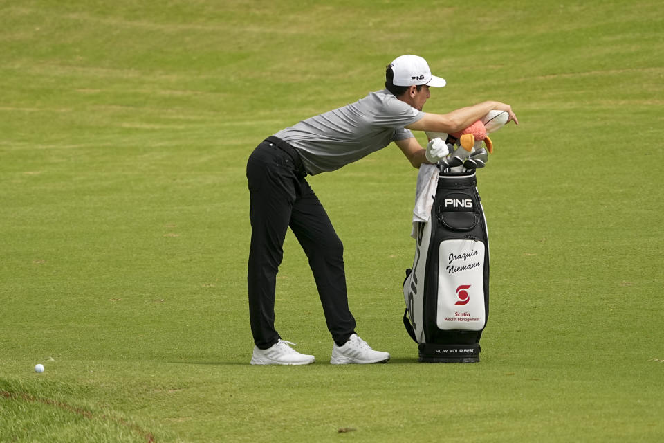 Joaquin Niemann, of Chile, waits to hit on the 18th hole during the second round of the PGA Championship golf tournament at Southern Hills Country Club, Friday, May 20, 2022, in Tulsa, Okla. (AP Photo/Matt York)