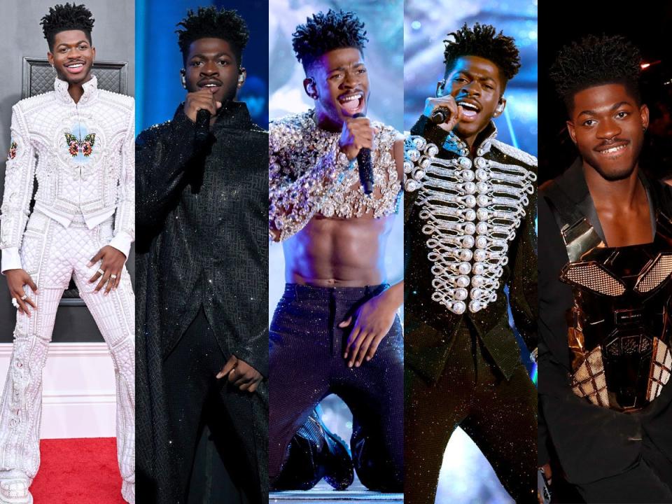 Lil Nas X wears five different outfits at the 2022 Grammys.