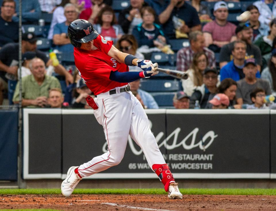 Worcester Red Sox' Bobby Dalbec hits a long home run that hit a train in the fourth inning against the IronPigs on Tuesday, June 20, 2023.