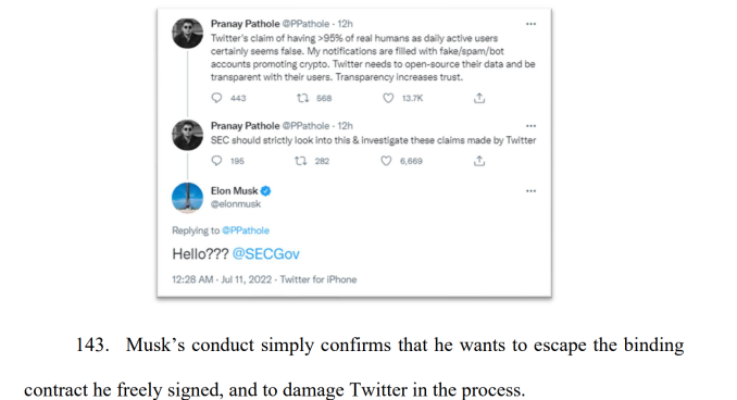 An image from Twitter's lawsuit against Elon Musk showing that he is trying to escape the contract