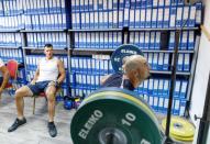 Croatia rowers Martin Sinkovic and Valent Sinkovic are seen during practice in improvised gym in hotel Alkar for the Tokyo 2020 Olympics in Sinj