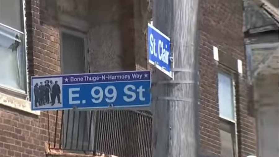 Cleveland dedicated three “Bone Thugs-N-Harmony Way” signs during a ceremony Friday. One was stolen over the weekend. (Photo credit: Screenshot/YouTube.com/News 5 Cleveland)