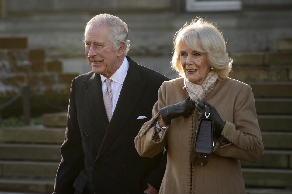King Charles and Camilla during a visit to Bolton, as they try to get back to business as usual after Harry's memoir release. (Getty Images)