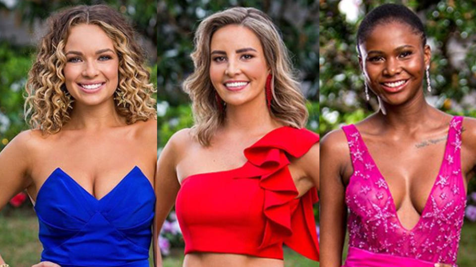 A photo of bachelorettes Abbie, Kristen and Vakoo from The Bachelor Australia season seven.