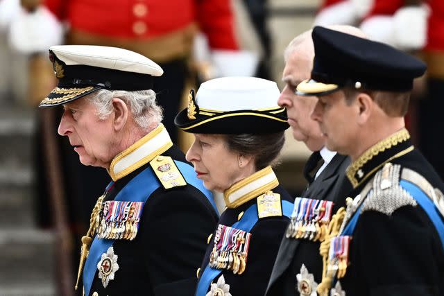 MARCO BERTORELLO/AFP via Getty King Charles, Princess Anne, Prince Andrew and Prince Edward at the funeral of Queen Elizabeth in Sept. 2022