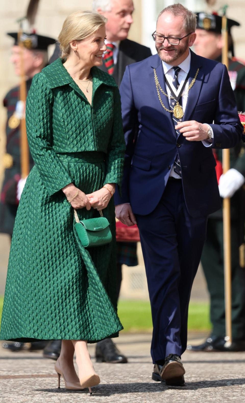 At the Key Ceremony earlier this month, the Duchess debuted Suzannah's green outfit, paired with a Sophie Habsburg bag.