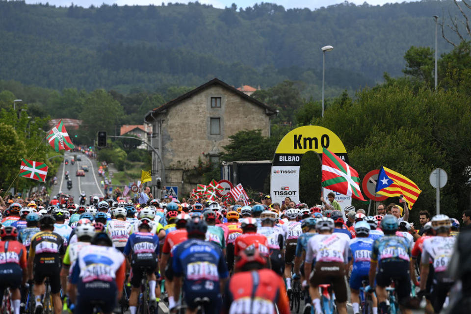 BILBAO SPAIN  JULY 01 A general view of the peloton passing through Km 0 at start during the stage one of the 110th Tour de France 2023 a 182km stage from Bilbao to Bilbao  UCIWT  on July 01 2023 in Bilbao Spain Photo by Tim de WaeleGetty Images
