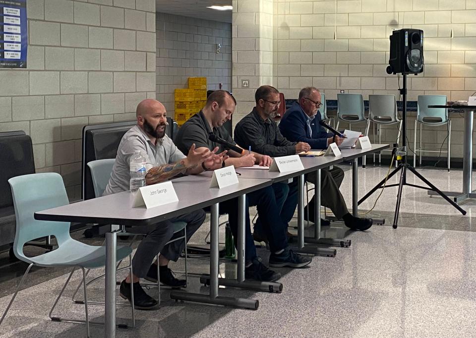 Four of the six Republicans running for Iowa House District 91 attended a League of Women Voters candidate forum at Clear Creek Amana Middle School on Thursday. From left: Devon Hodgeman, Skylar Limkemann, Matt McAreavy and Brad Sherman.