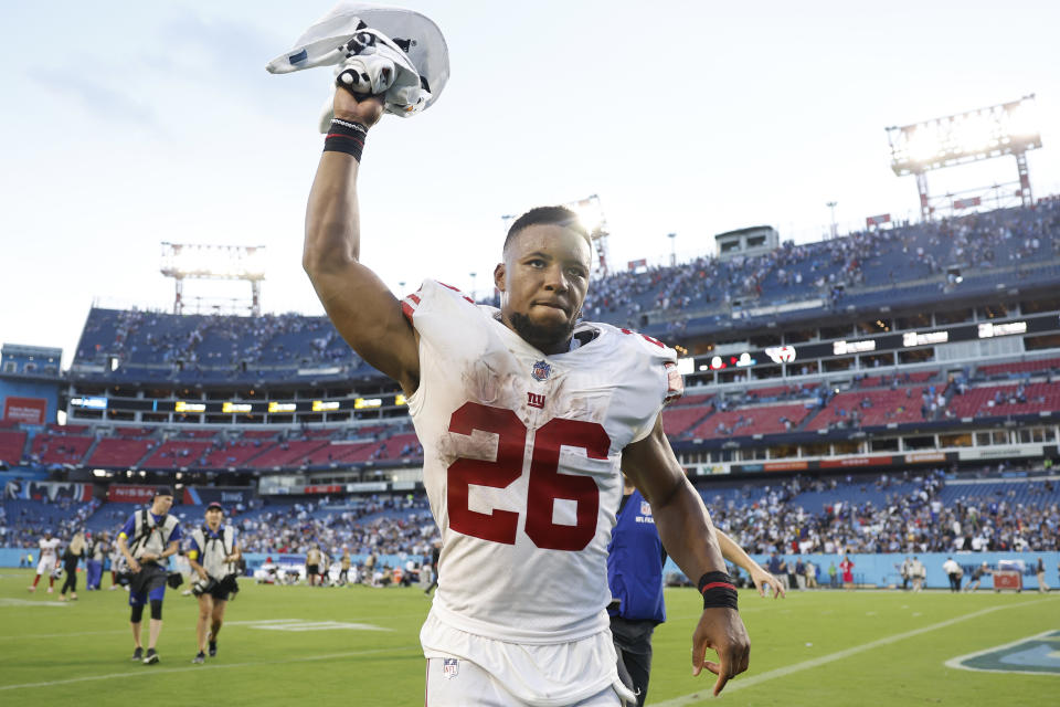 Saquon Barkley doesn't care what the analytics say about the Giants' decision to go for two. (Wesley Hitt/Getty Images)