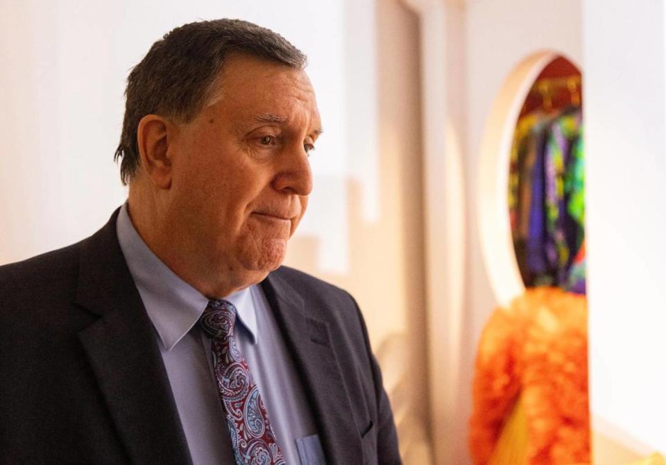 Miami Commissioner Joe Carollo speaks to a Miami Herald reporter during the launch of the Celia Cruz Forever exhibit at Tower Theatre Miami on Thursday, July 27, 2023 in Miami, Fla.