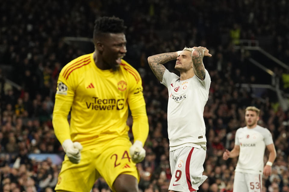 Galatasaray's Mauro Icardi, centre, reacts after missing a penalty scoring chance during the Champions League group A soccer match between Manchester United and Galatasaray at the Old Trafford stadium in Manchester, England, Tuesday, Oct. 3, 2023. (AP Photo/Dave Thompson)