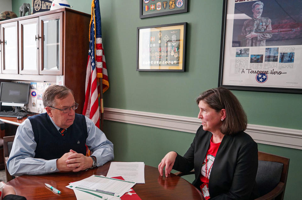 Dr. Barb Dentz, right, an advocate with Tennessee Families for Vaccines, met with her state representative, Sam Whitson, to discuss the state’s declining childhood immunization rates in January.  (Amy Maxmen / KFF Health News)