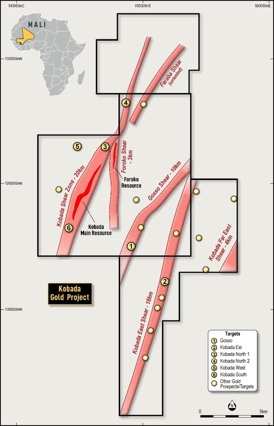 Plan showing 2023 drill targets within the Kobada Gold Project