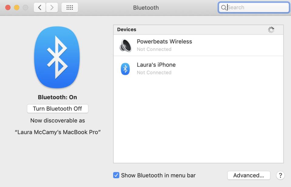 Bluetooth preferences window