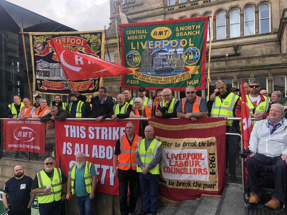 The picket line outside Liverpool Lime Street station as members of the Rail, Maritime and Transport union (RMT) walked out on July 27 (PA)