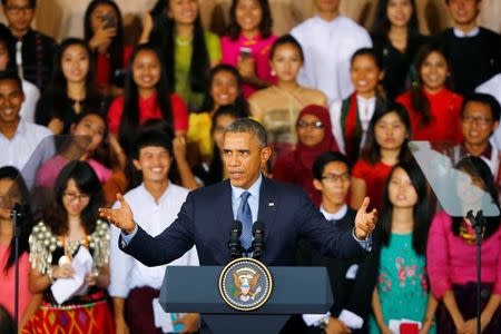 U.S. President Barack Obama delivers an address to members of the Young Southeast Asian Leaders Initiative in Yangon November 14, 2014. REUTERS/Damir Sagolj