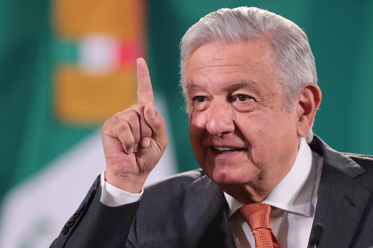 MEXICO CITY, MEXICO - APRIL 29: Andres Manuel Lopez Obrador, President of Mexico gestures during the daily briefing at Palacio Nacional on April 29, 2021 in Mexico City, Mexico. (Photo by Hector Vivas/Getty Images)