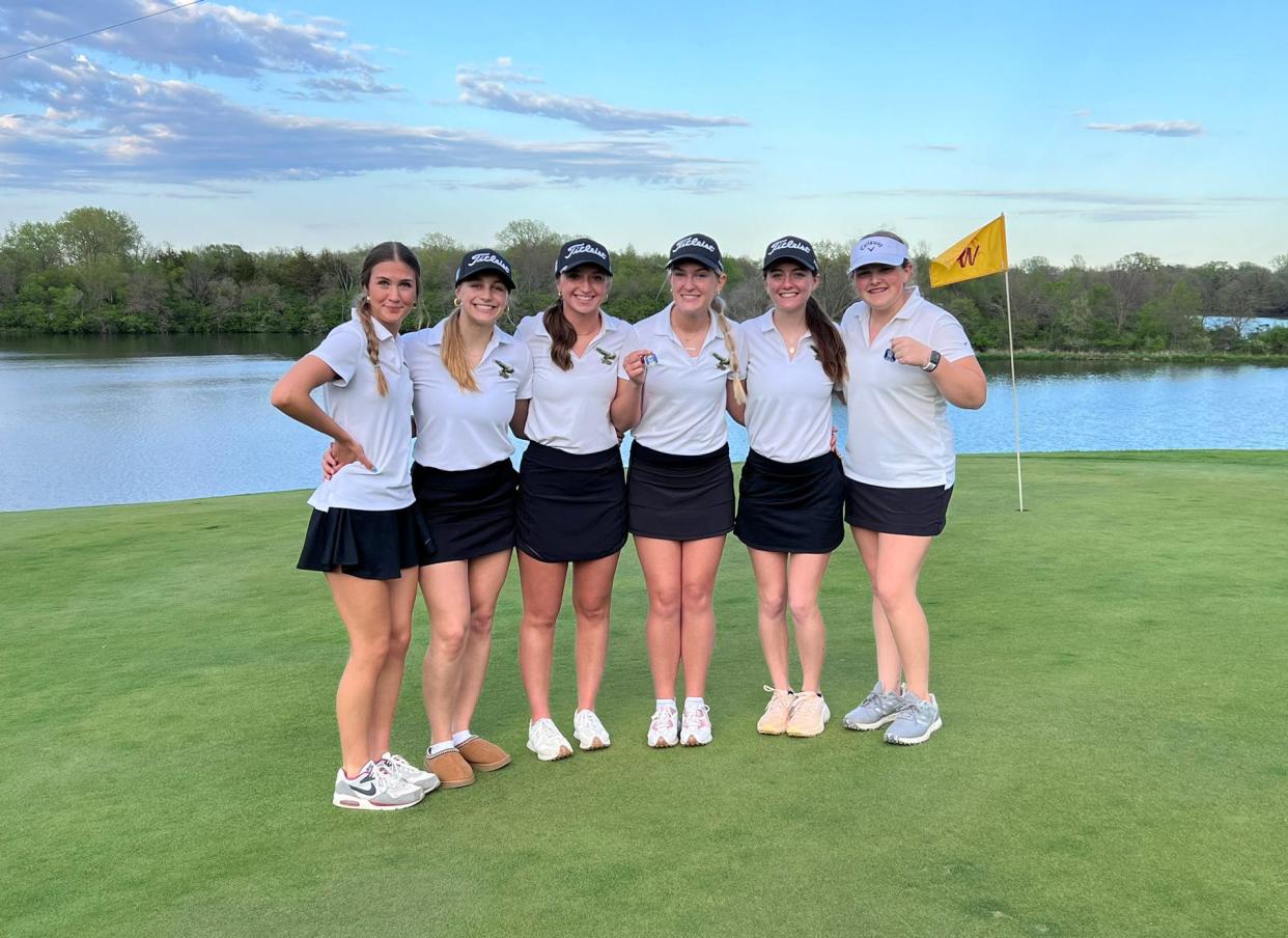 The Woodward-Granger girls golf team poses for a photo after placing first on Friday, May 3, 2024, at the Don Williams Golf Course.
