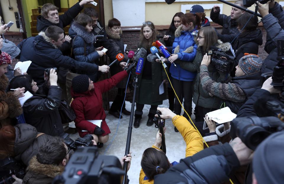 Alyokhina, member of Russian punk band Pussy Riot, speaks to the media after her release from a penal colony in Nizhny Novgorod