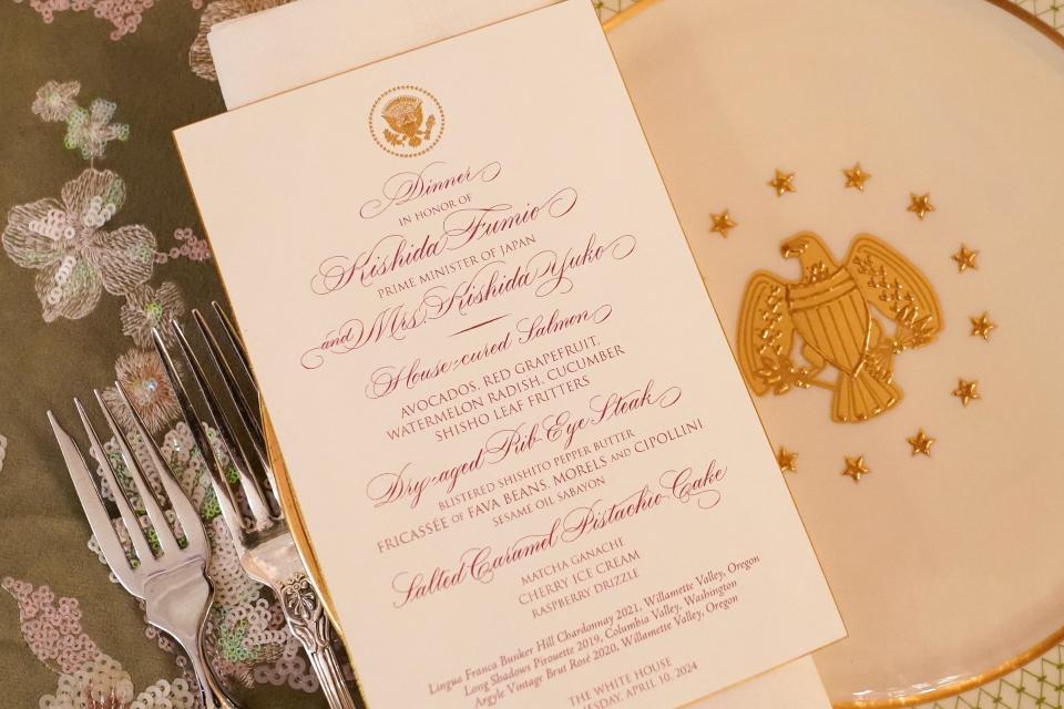 A menu is displayed during a media preview ahead of the State Dinner for Japan's Prime Minister Fumio Kishida and his spouse Yuko Kishida, at the White House in Washington, DC, on April 9, 2024.