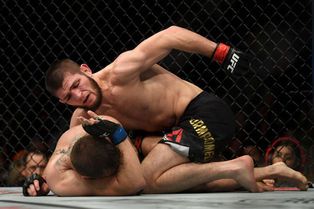 Khabib Nurmagomedov punches a downed Conor McGregor down during their fight at UFC 229 on Oct. 6, 2018. (Hans Gutknecht/Digital First Media/Los Angeles Daily News via Getty Images)