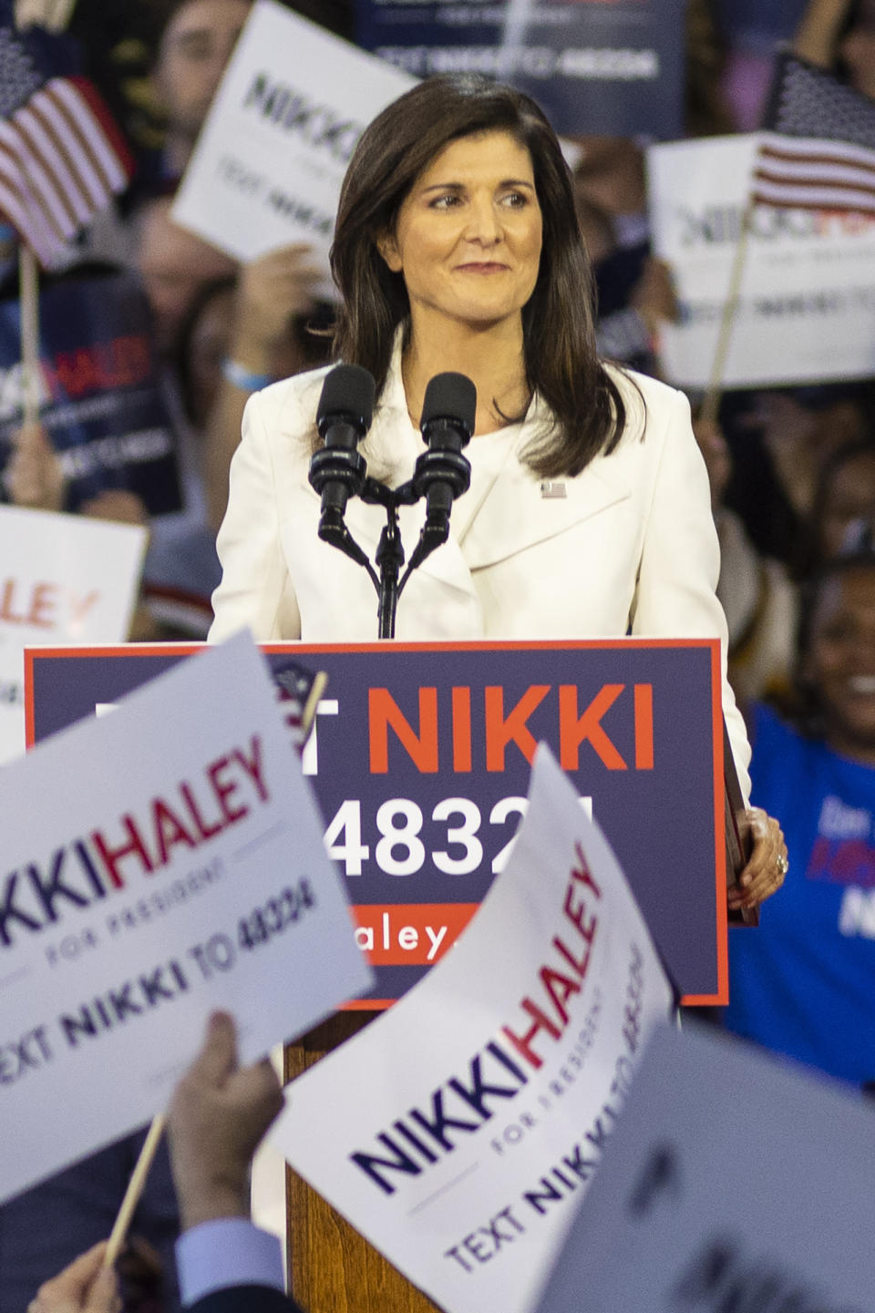 Republican presidential candidate Nikki Haley speaks to supporters during her speech Wednesday, Feb. 15, 2023, in Charleston, S.C. Haley launched her 2024 presidential campaign on Wednesday, betting that her boundary-breaking career as a woman and person of color who governed in the heart of the South before representing the U.S. on the world stage can overcome entrenched support for her onetime boss, former President Donald Trump. (AP Photo/Mic Smith)