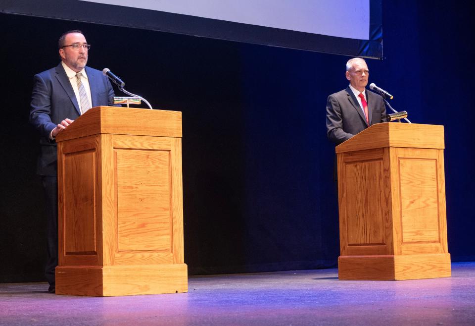 Democratic candidate for Canton Mayor William V. Sherer II, left, and Republican candidate Roy Scott DePew debate Tuesday at The Future of Canton 2023 Mayoral Debate held at the Canton Cultural Center Theater.