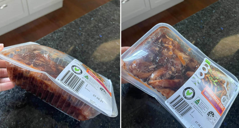 Package of marinated chicken with bulged top. Source: Facebook