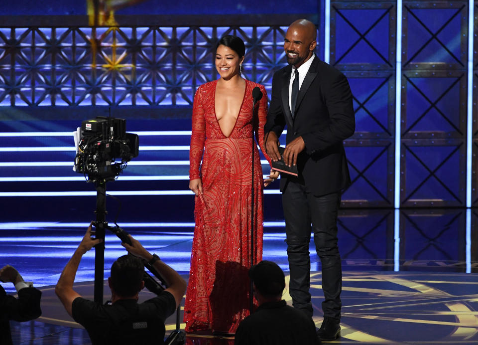 Actors Gina Rodriguez and Shemar Moore speak onstage during the 69th Annual Primetime Emmy Awards at Microsoft Theater on Sept. 17, 2017 in Los Angeles, California.