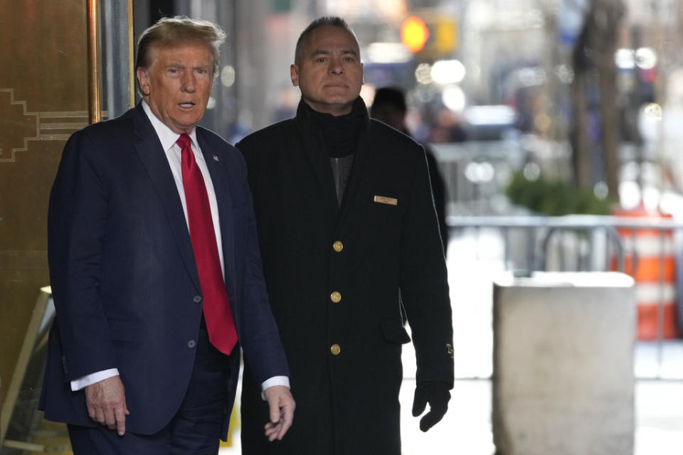 Former President Donald Trump leaves Trump Tower in New York on Thursday, Feb. 15, 2024. Trump is expected in court for an important hearing in his New York hush-money criminal case. (AP Photo/Bryan Woolston)