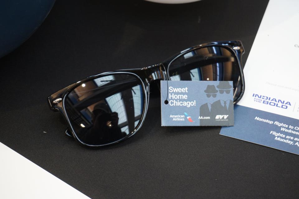 'Sweet Home Chicago!' reads a pair of American Airlines-branded glasses. Evansville Regional Airport officials announced on Friday, April 12, 2024, that American Airlines would operate twice-daily flights between Evansville and the Windy City.