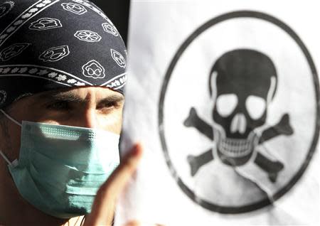 A demonstrator protests against the dismantling of Syrian chemical weapons in Albania in front of the Prime Minister's office in Tirana in this November 7, 2013 file photo. REUTERS/Arben Celi/Files