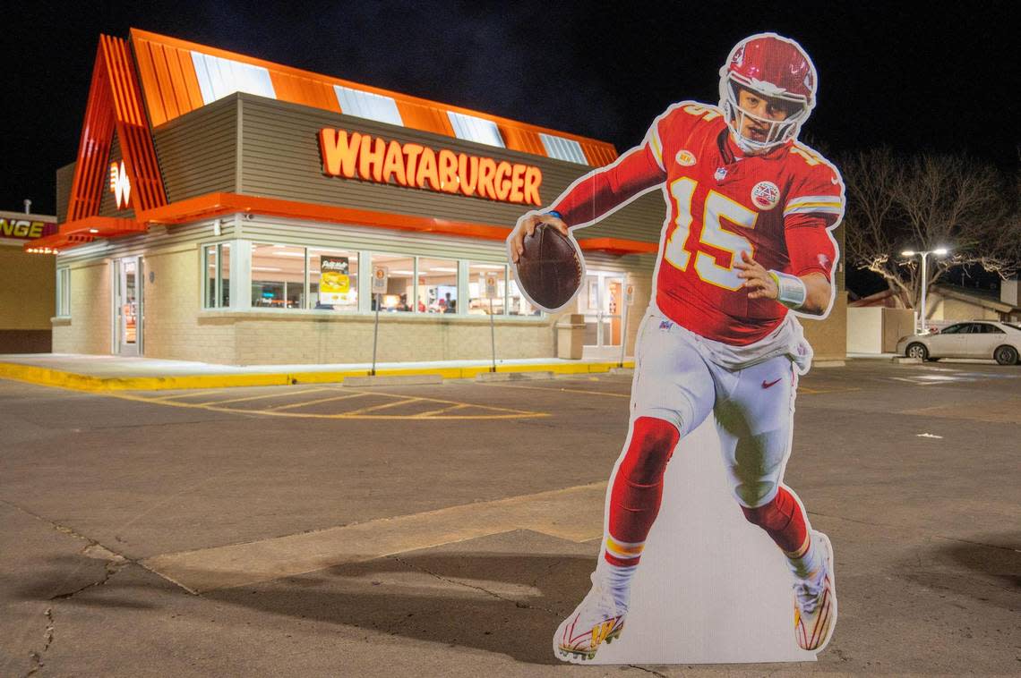 A life-size cutout featuring Kansas City Chiefs quarterback Patrick Mahomes stands next to a Whataburger restaurant on Monday, Feb. 5, 2024, in Amarillo, Texas. 