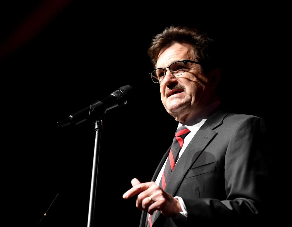 Texas Tech president Lawrence Schovanec speaks during the Red Raider Club kickoff luncheon, Wednesday, Aug. 23, 2023, at the Lubbock Memorial Civic Center.