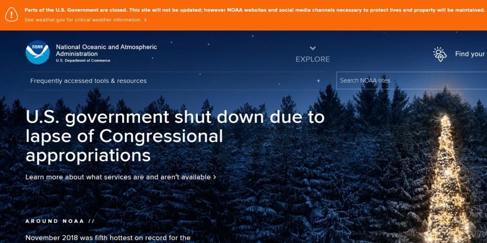 The front page of the National Oceanic and Atmospheric Administration website during the 2018-2019 government shutdown.