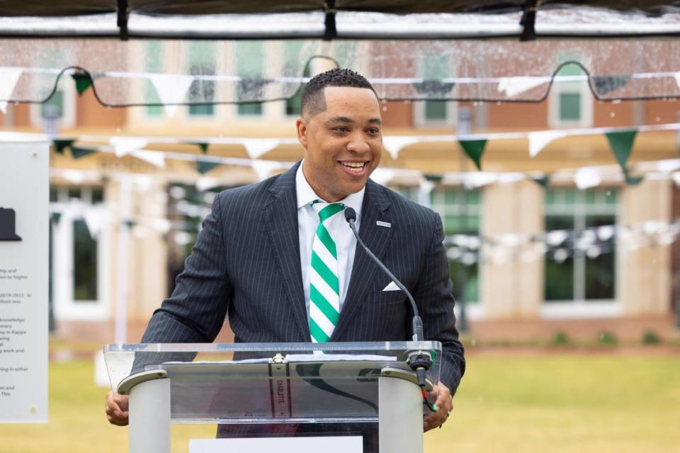 Dontá L. Wilson, an alumnus and Truist banker speaking during an UNCC ceremony naming a residence hall in his honor, now called Wilson Hall. Amy Hart/University of North Carolina, Charlotte