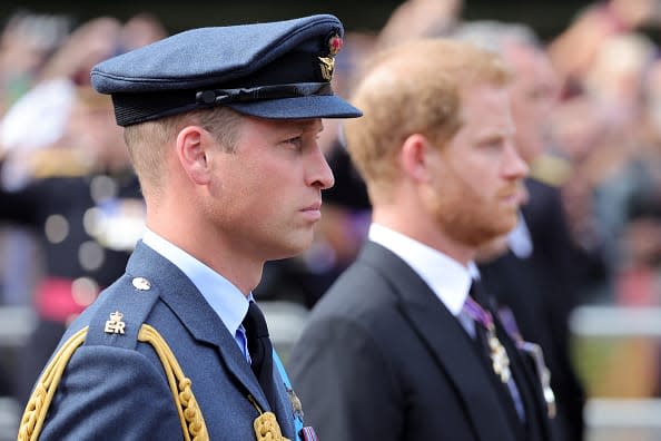 <div class="inline-image__caption"><p>Prince William and Prince Harry walk behind the coffin during the procession for the lying-in-state of Queen Elizabeth II on Sept. 14.</p></div> <div class="inline-image__credit">Chris Jackson/Getty</div>