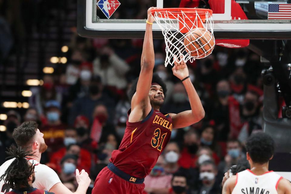 Cavaliers center Jarrett Allen dunks on a rebound during the first half of a 114-101 win over the Portland Trail Blazers on Friday night. [Amanda Loman/Associated Press]